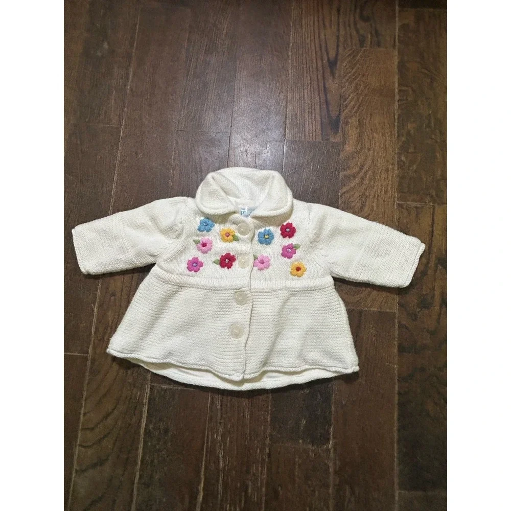 VTG The Children's Place Girls 0-3 Month Cardigan Sweater Jacket White Floral